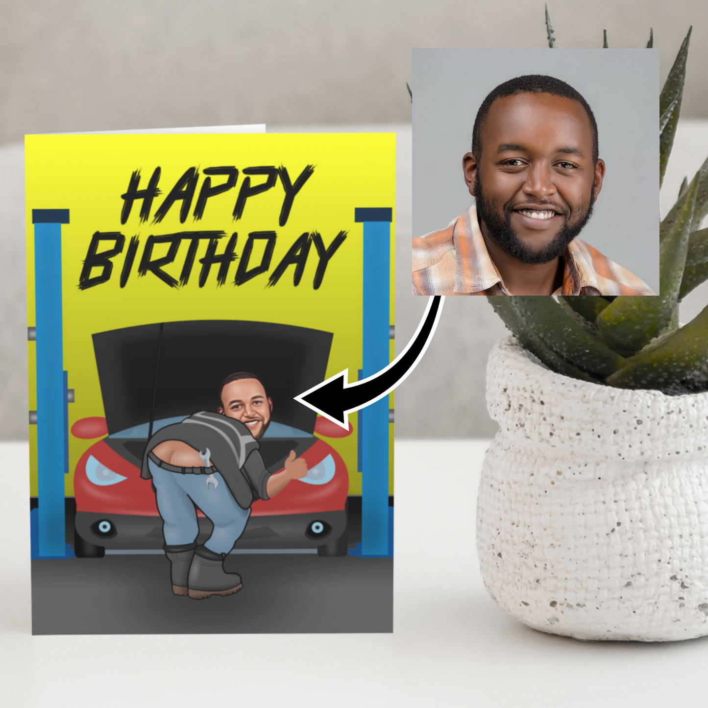 funny personalised photo greeting card of mechanic bending over fixing a car and showing behind builders bum