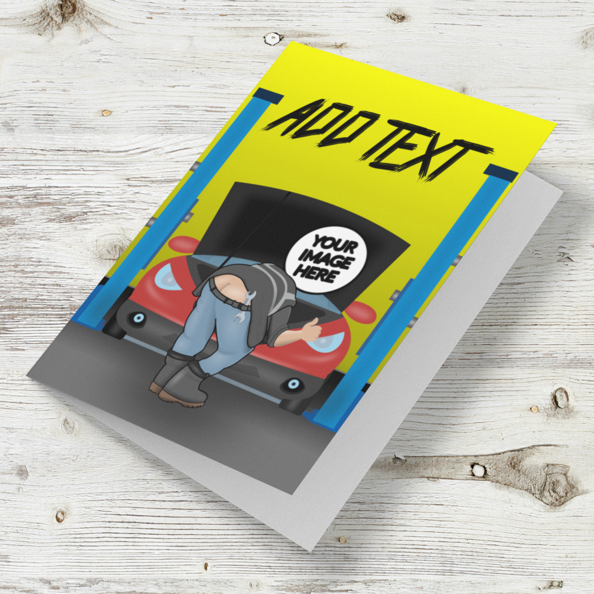 funny personalised photo greeting card of mechanic bending over fixing a car and showing behind builders bum showing "your image here"