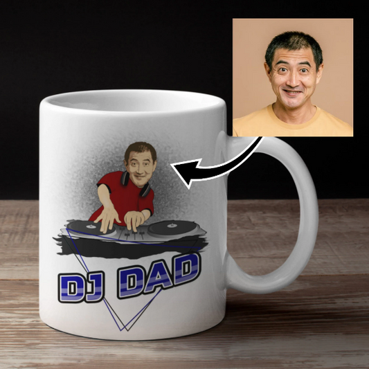 funny personalised photo mug of man as a DJ and DeeJay Decks