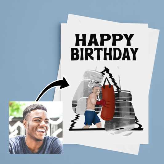 personalised photo greeting card with boxer punching punch bag