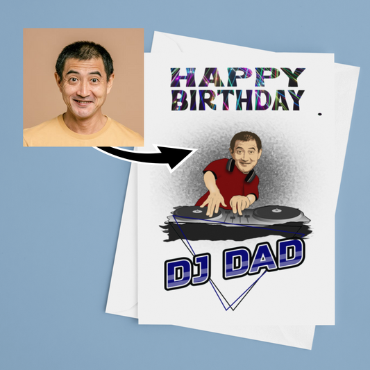 funny personalised photo greeting card of man as a DJ using DeeJay Decks